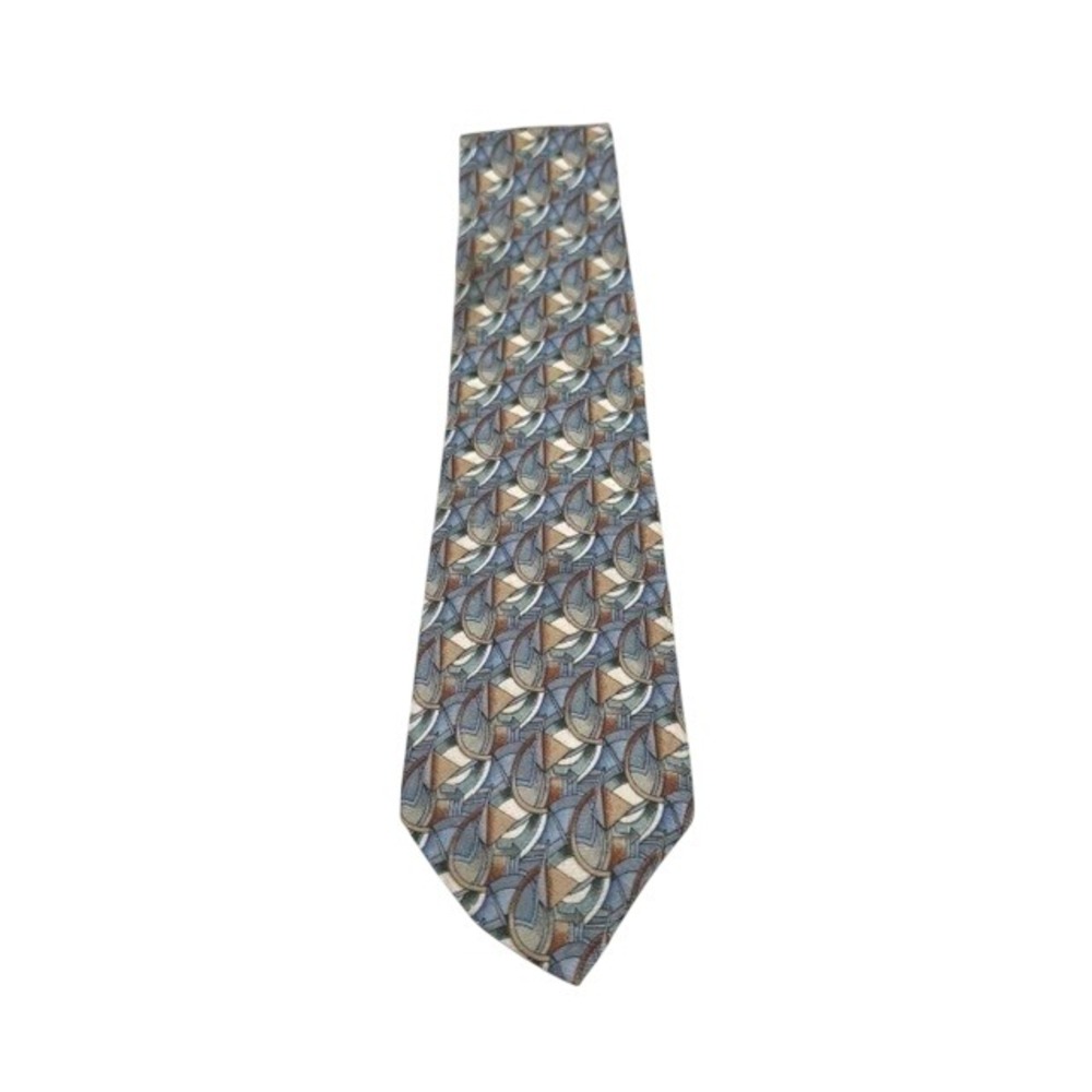 J. Garcia Mens Silk Necktie Abstract Geometric Blue Gold Brown Art Tie RN 62830